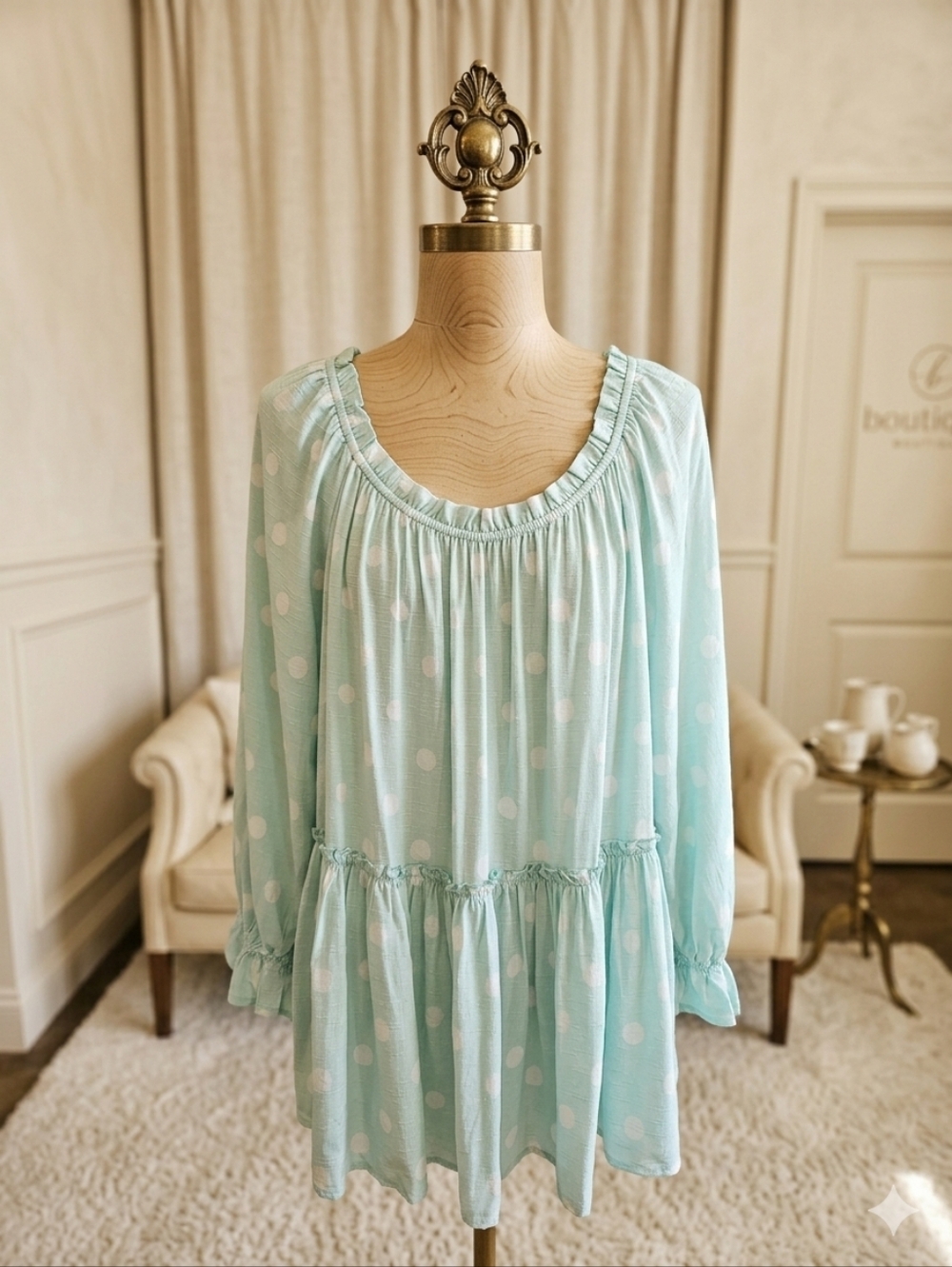 Est. 1946 Turquoise Polka Dot Ruffle Blouse Sz XL